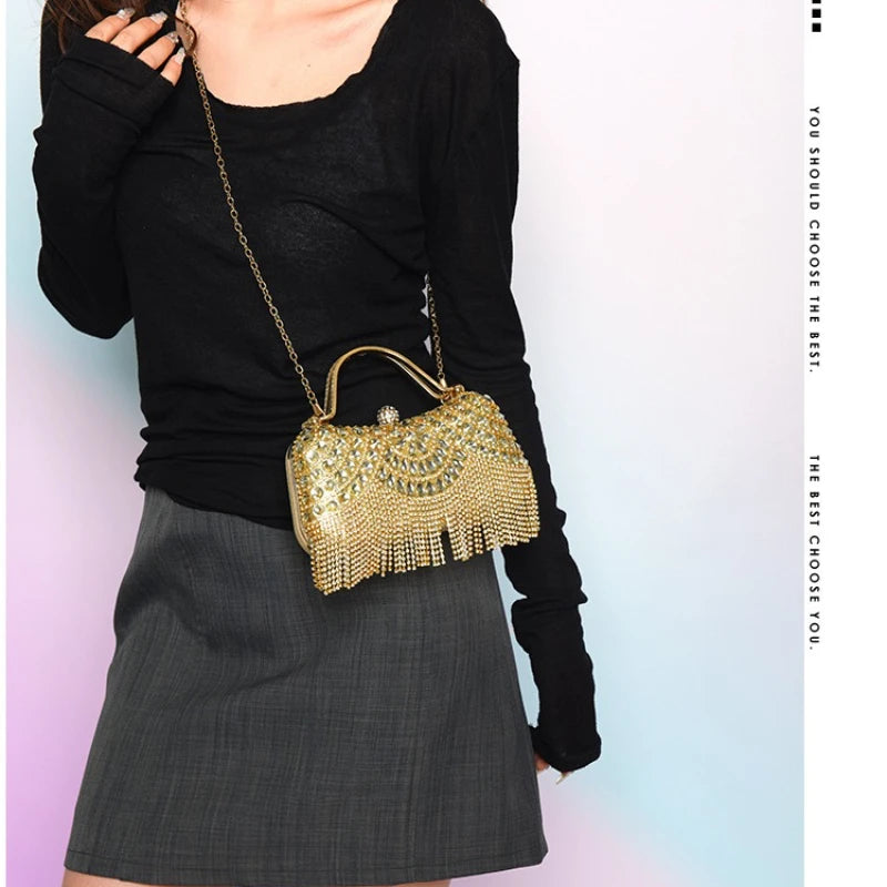 Women Hand Bag Rhinestone dinner bag, tassel hand-held banquet bag, fashionable socialite evening gown, single shoulder slanted