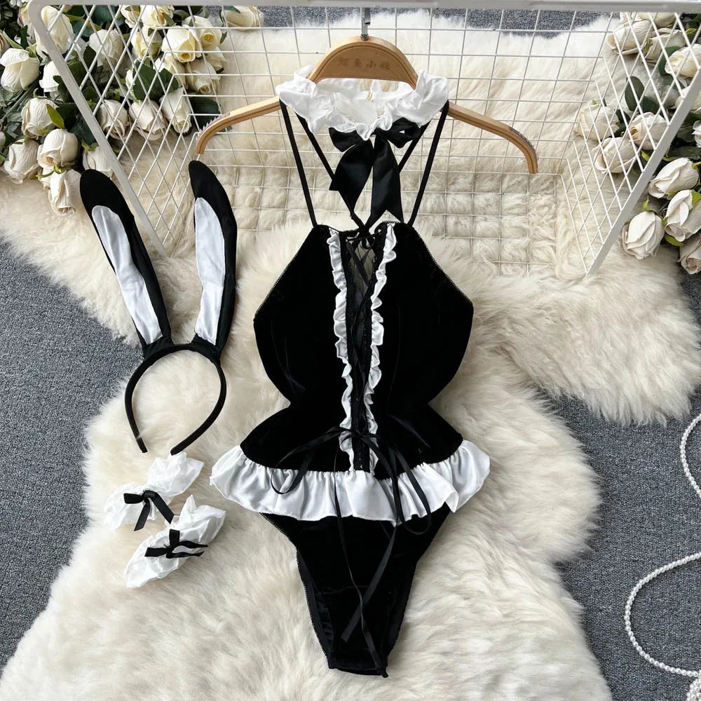 Sweet Bunny Lingerie Set Women Sexy Soft Plush Cute Bowknot Sweet Nightgowns Christmas Rabbit New