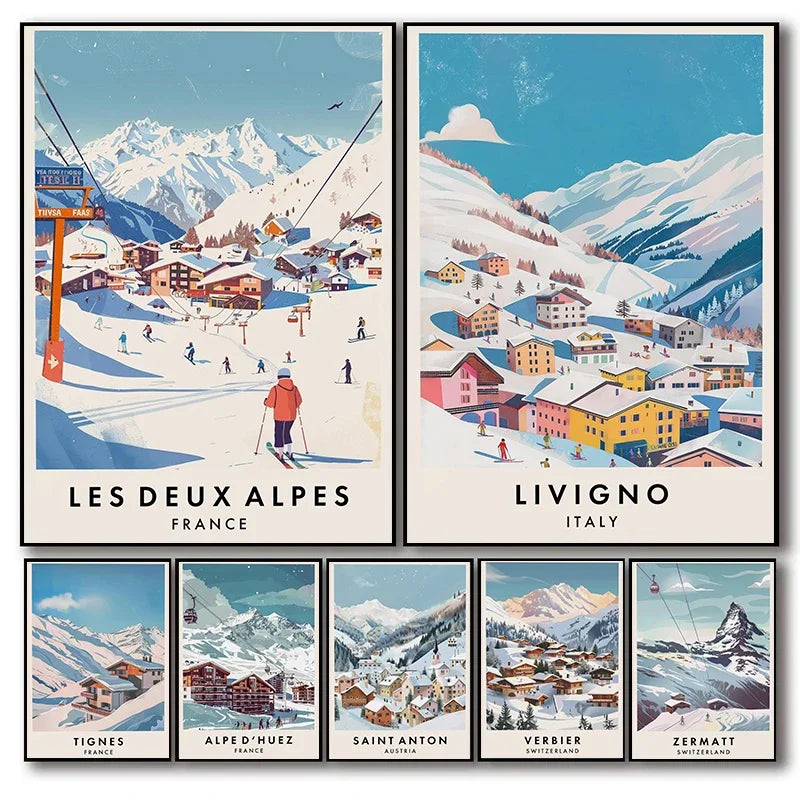 Famous Ski Resorts Travel Posters France Alpes Saint Anton Snow Mountain Prints Canvas Painting Wall Art Picture Home Room Decor