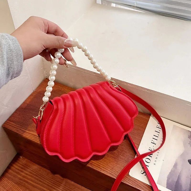 Durable Cute Shell Shoulder Bag Minimalist with Pearls Design Crossbody Bag PU Leather Pearl Decorated Handbag for Women Girls