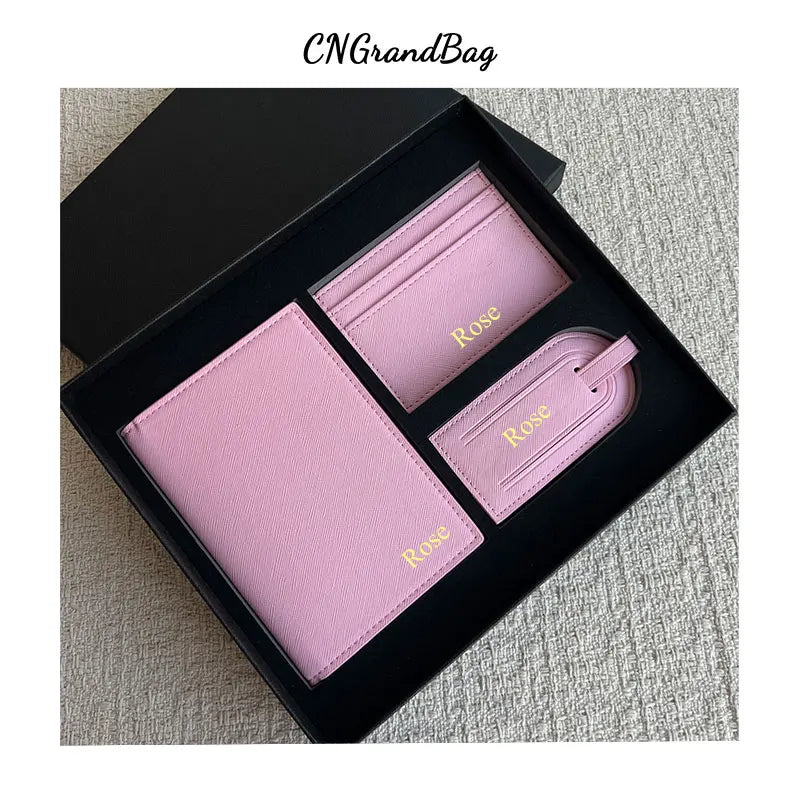 Free Custom Name Initial Gift Box Set Classic Saffiano Pattern Passport Cover  Luggage Tag Cardholder Travel Accessories
