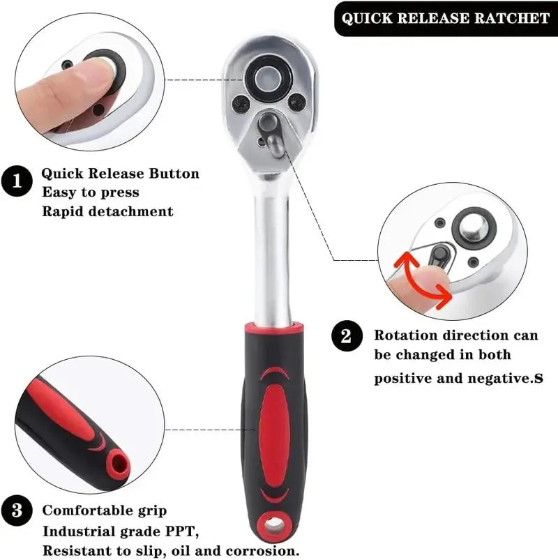 46 Pieces 1/4 Inch Metric Ratchet Socket Wrench Set with Extension Bar, Portable Repair Tools for Auto & Household Use