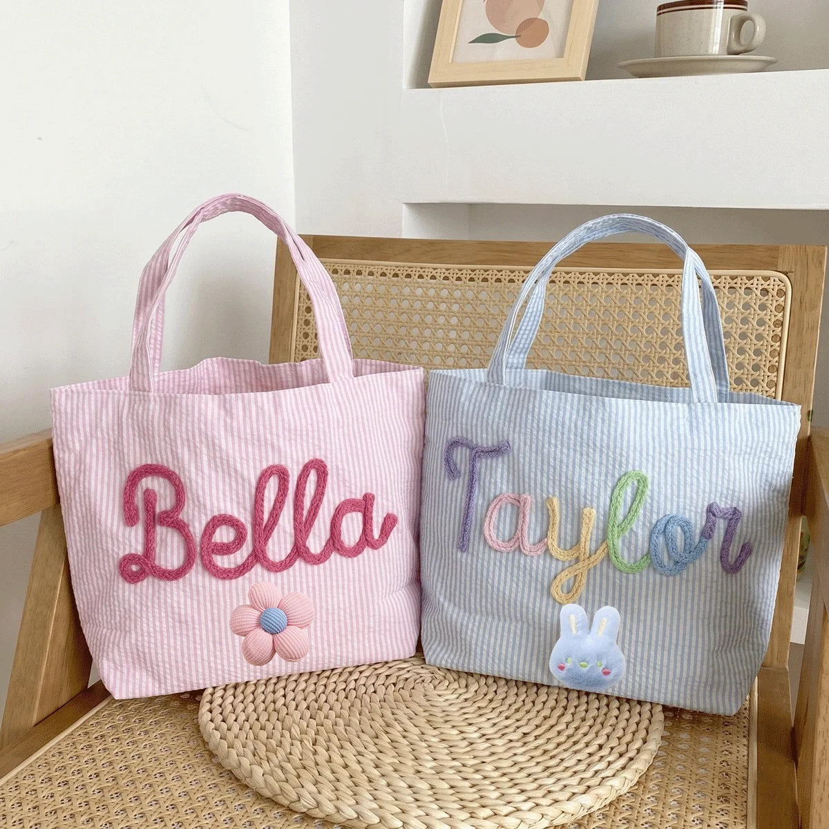 Custom Seersucker Cosmetic Handbag and Travel Organizer — Personalized Chenille Letter Toiletry Bag and Summer Beach Tote
