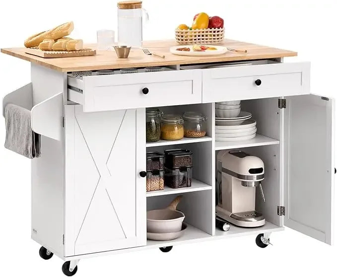 Wooden Top Kitchen Trolley with Storage, Rolling Drop Leaf Table, Drawers, and Spice Rack