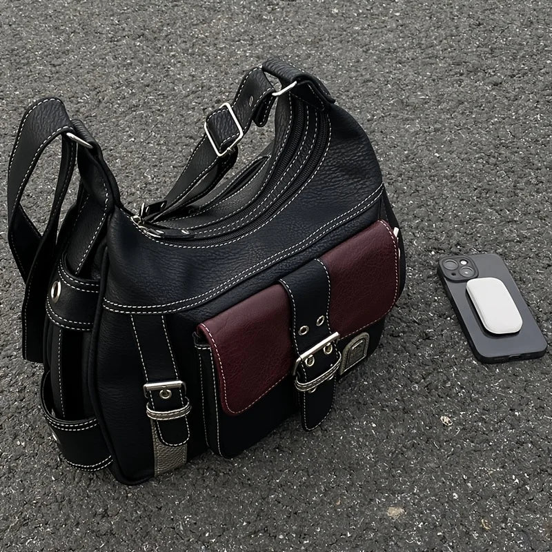 Vintage Leather Women's Bag, Y2k Spicy Girl Motorcycle Crossbody Bag, Large Capacity Contrasting Single Shoulder Bags