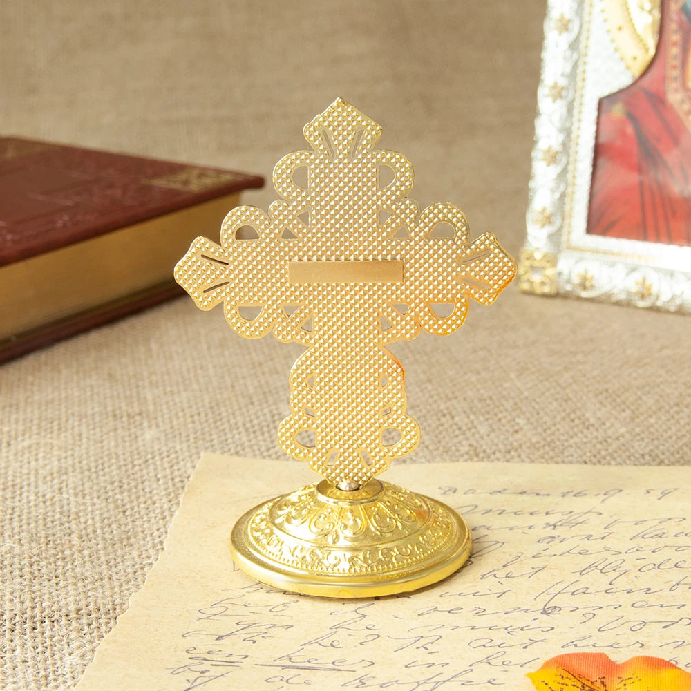 Byzantine Orthodox Standing Crucifix Gold Red Rhinestone Cross Altar Church Home Decor Jesus Icon Religious Christian Gift