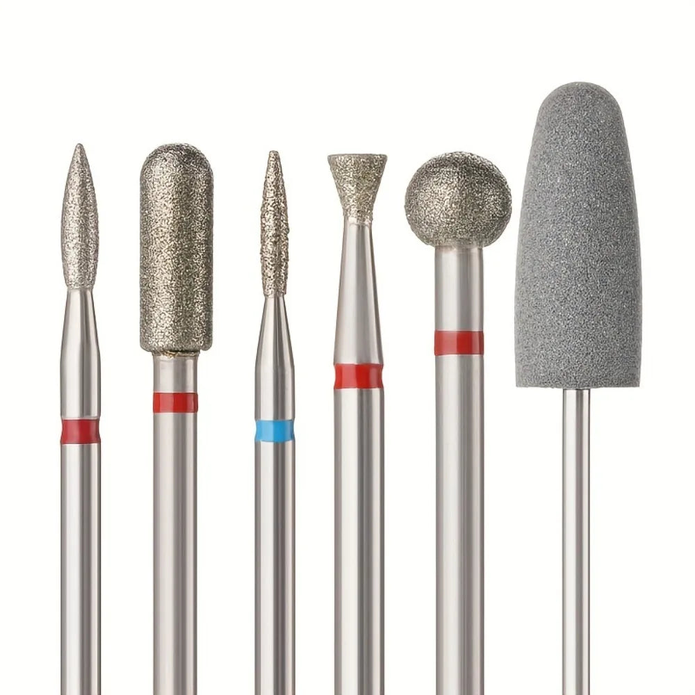 6Pcs Nail Drill Bits Set 3/32" Diamond & Silicone Nail File Bit Nail Grinding Head for Acrylic Gel Nail Removal Cuticle Cleaning
