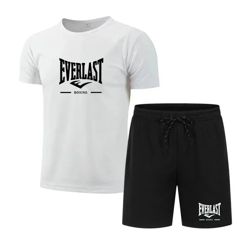 Moisture wicking men 2-piece outfit, stretch fabric allows free movement for fitness training, running and outdoor activities