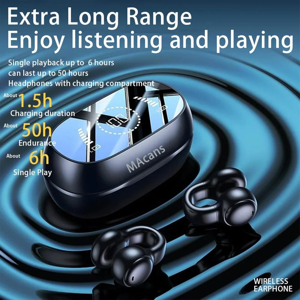 Open Ear Clip Wireless Earbuds Air Conduction Headphones BT 5.3 LED Display Sport Earphones for Running Gym Workout Type C Black