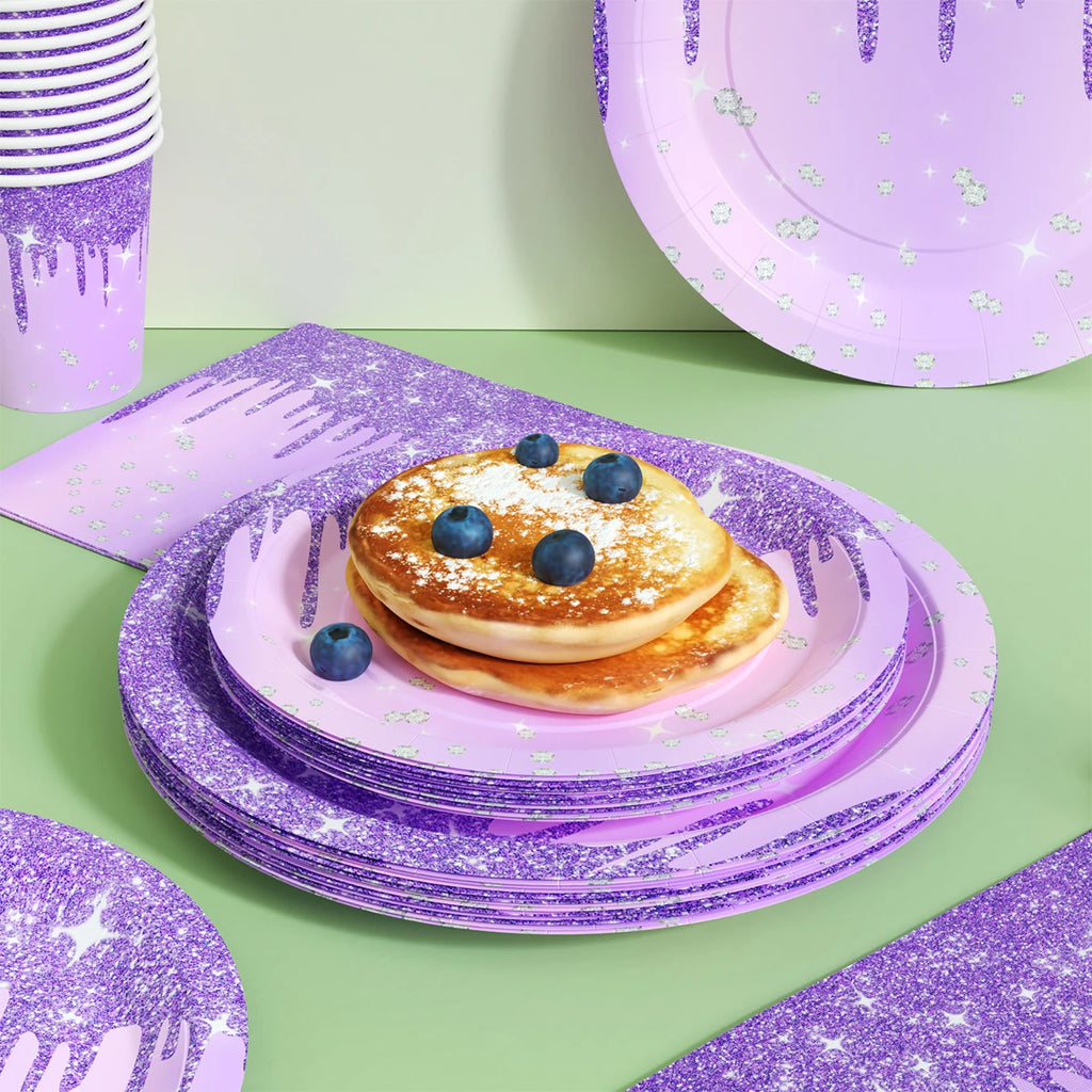 Colorful Tableware Set Rose Gold Purple Gold Birthday Wedding Disposable Paper Plate Cup Tissue Party Supplies