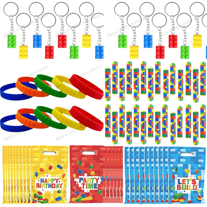 40Pcs Building Blocks Party Favors Building Blocks Keychain Slap Bracelets and Gift Bags for Kids Birthday Party Supplies