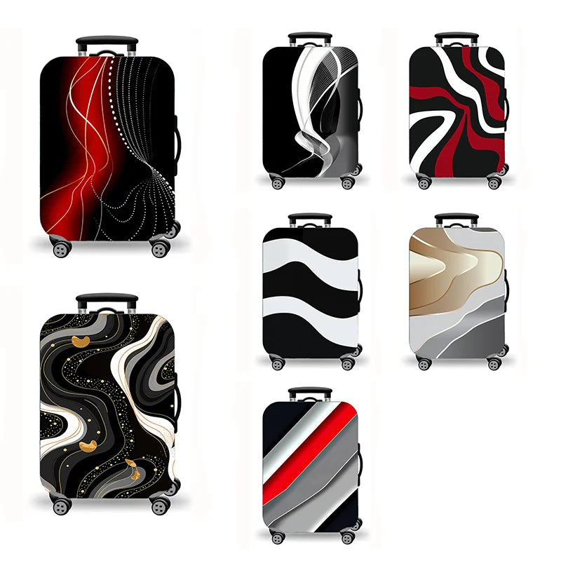 Luggage cover, abstract fluid corrugated lines, black red gold printed elastic protective cover, modern suitcase dust cover