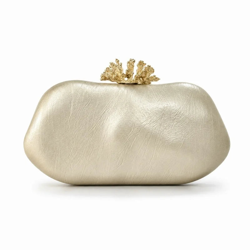 Metallic Bronze PU Leather Clutch Bag Women Metal Frame Evening Handbag Elegant Formal Wedding Party Cocktail Prom Box Purse