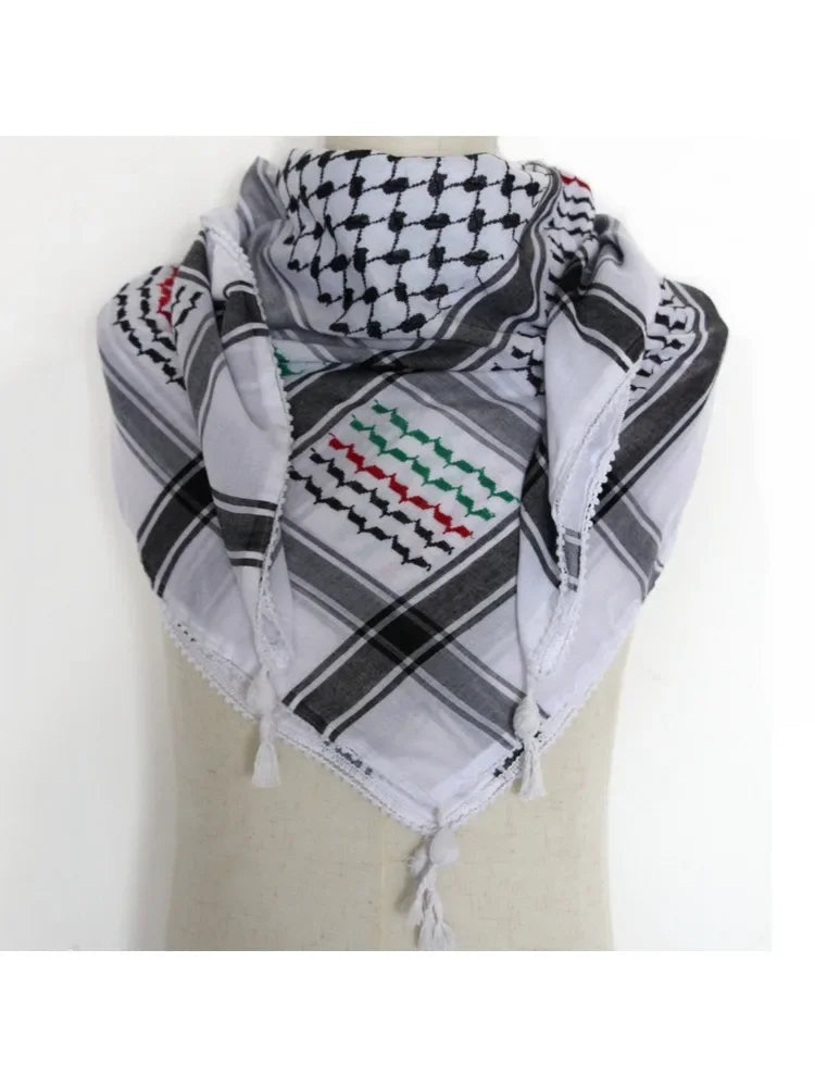 65% Cotton Unisex Scarves Desert Scarf Neck Head Wrap with Tassel Palestine Scarf Keffiyeh Arafat Hatta Arab Houndstooth