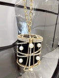 2025 New Women's Metal Bucket Bag Diamond Embedded Handbag Drawstring Chain Pig Cage Bird Cage Handheld Bag Alloy Material