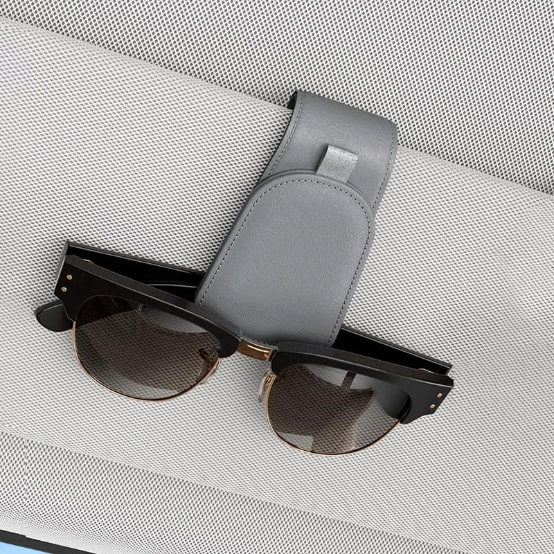 Premium Car Sun Visor Sunglasses Holder Leather Glasses Case Auto Interior Organizer Ticket Card Clip One-Hand Operation Mount