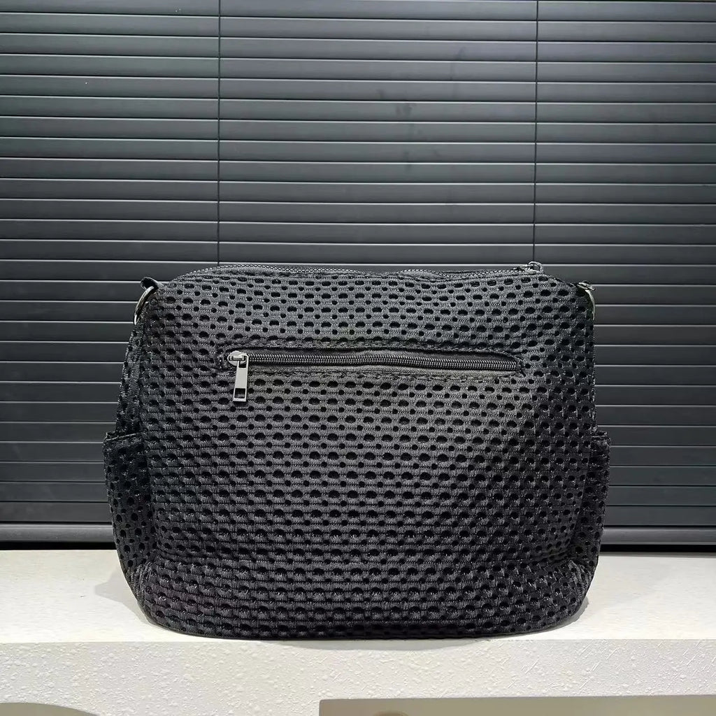 Fashionable neutral mesh spliced nylon shoulder bag, large capacity, lightweight and casual handbag