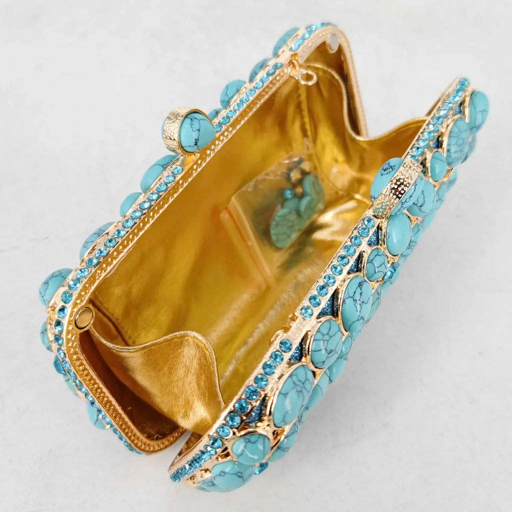 Boutique De FGG Turquoise Synthetic Agate Stone Evening Bags and Clutches for Women Formal Party Bags Party Rhinestone Handbags