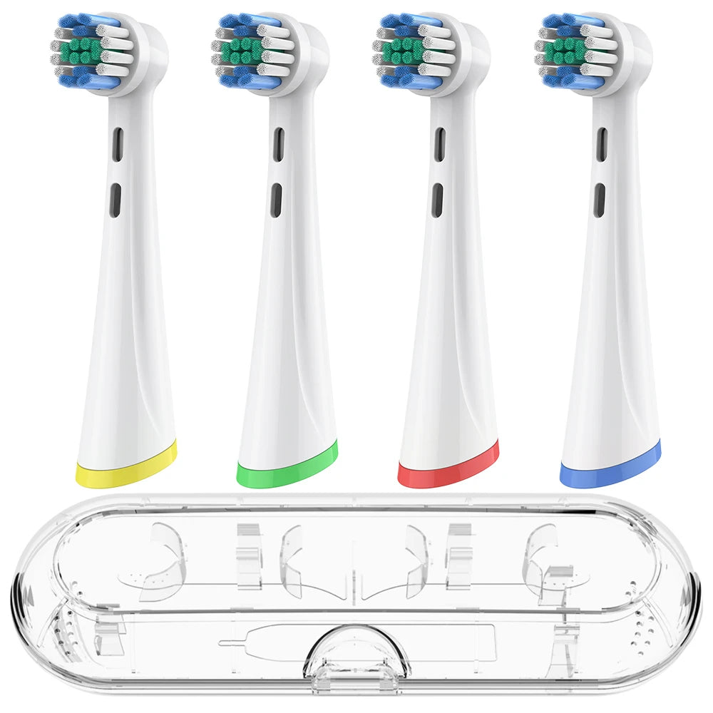 Clear Toothbrush Travel Case with 4 Replacement Brush Heads Set Compatible with Oral B iO 2/3/4/5/6/7/8/9/10 Electric Toothbrush