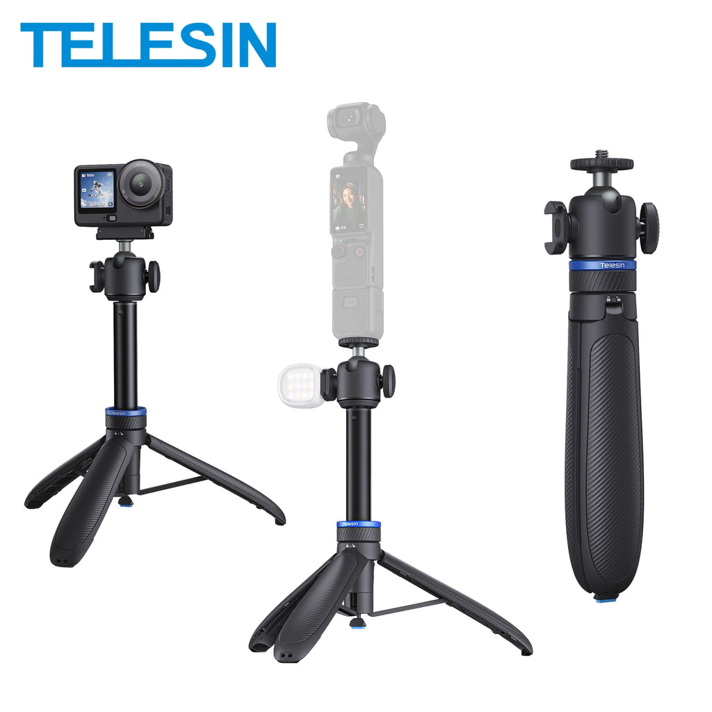 TELESIN Mini Selfie Stick Tripod Aluminum alloy Stand Quick Open Stand for DJI Osmo GoPro Insta360 Action Camera Hand Grip Stand