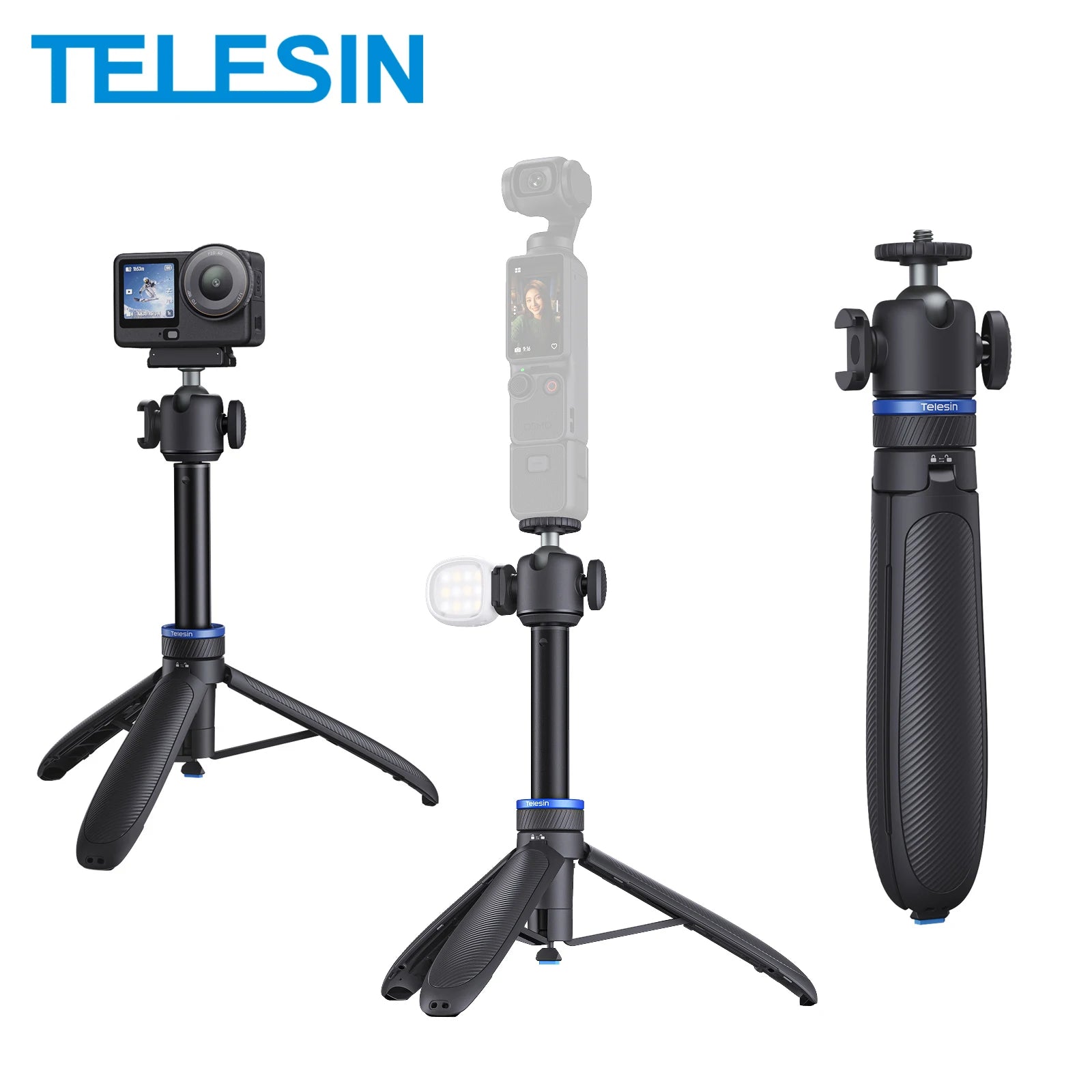 TELESIN Mini Selfie Stick Tripod Aluminum alloy Stand Quick Open Stand for DJI Osmo GoPro Insta360 Action Camera Hand Grip Stand