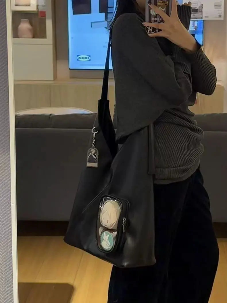Soft PU Triangle Itabag with Clear Front Pocket -Women Large Capacity Shoulder Crossbody Bag for Anime Dolls & Daily Commute