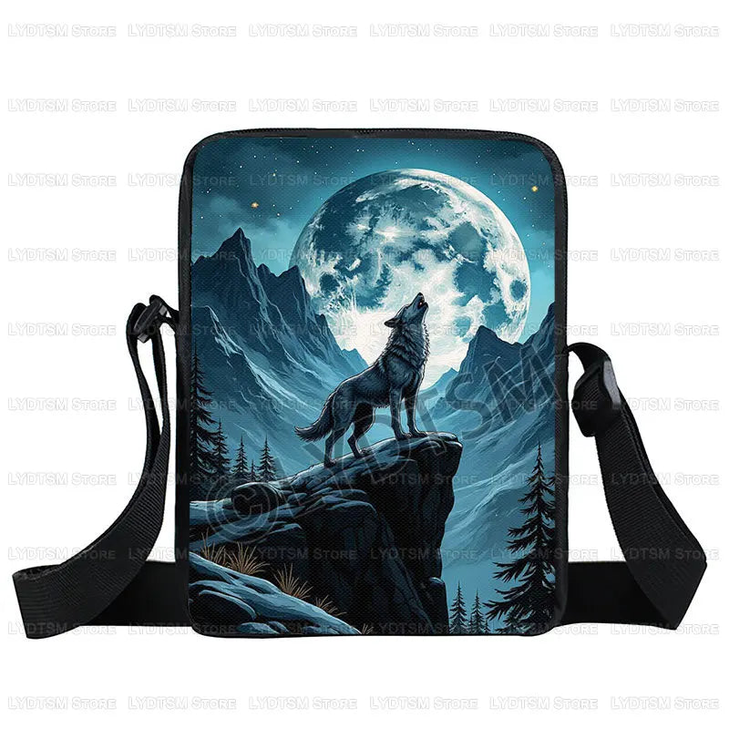 Cool Moon and Howling Wolf Print Crossbody Bag Women Handbag Student Bookbags Phone Wallet Holder Messenger Bags Gift
