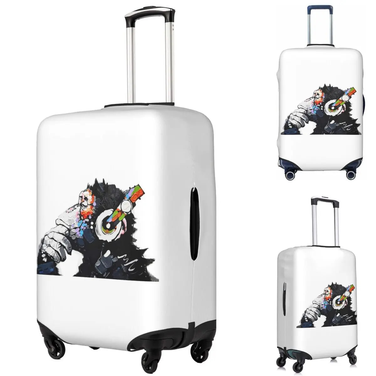Banksy DJ Monkey Thinker With Headphones White Suitcase Cover Protection Elastic Travel Luggage Protector Covers for 18-32 Inch
