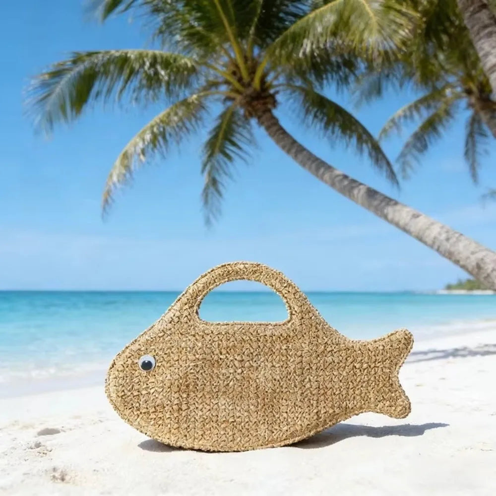 Funny Cute Large Capacity Woven Bag Straw Lightweight Fish Shaped Handbag Knit Eco-Friendly Shopping Bag Spring Summer