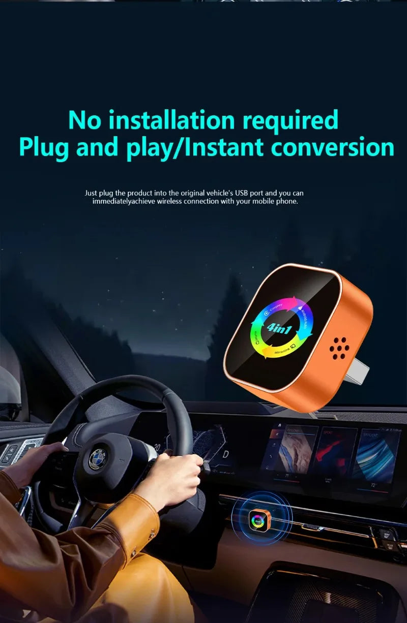 Wireless Carplay 4-in-1 Adapter Android Auto Connect Airplay Mirror Link Screen Plug and Play Bluetooth for Apple and Android