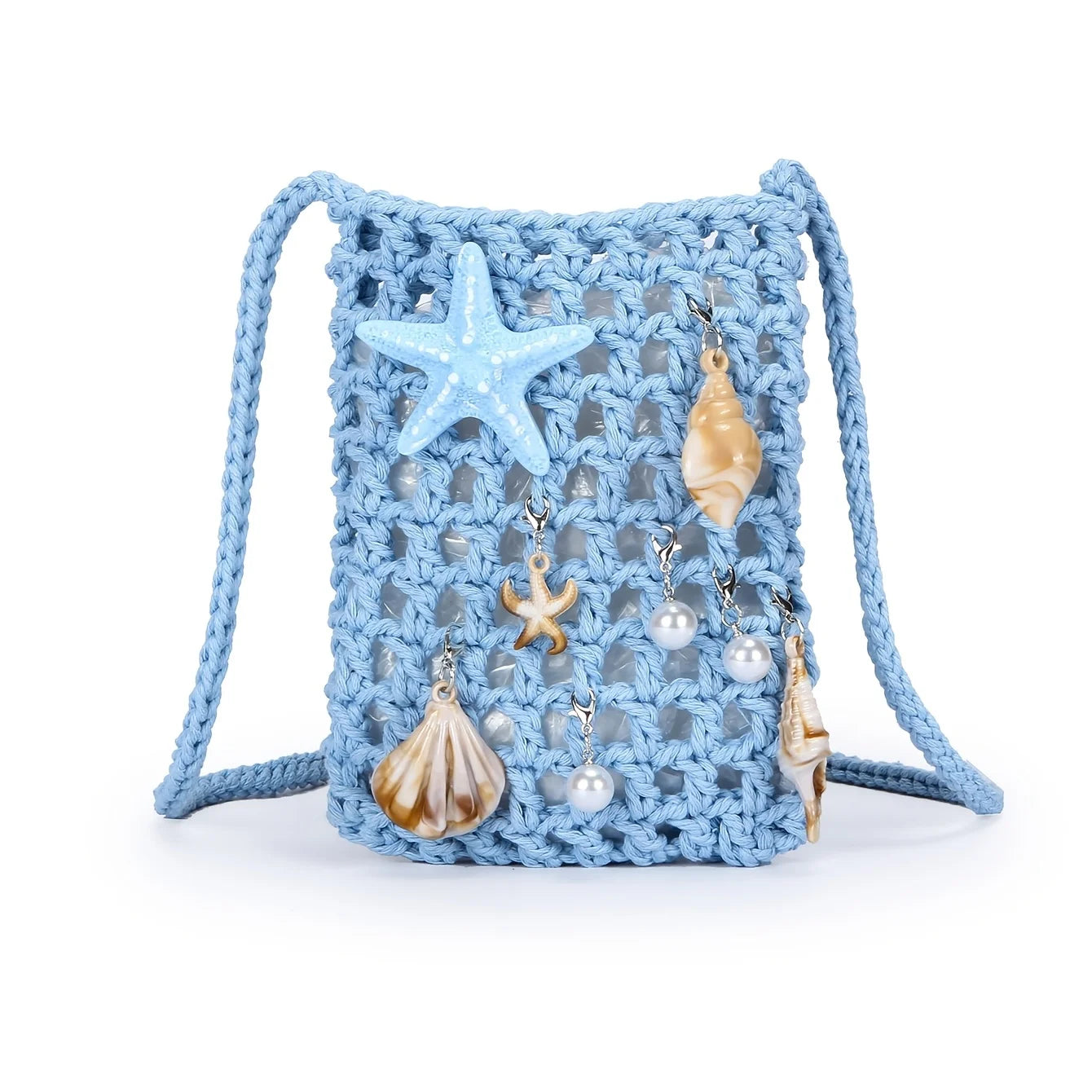 "Crochet Evening Bag w/ Ocean Pendant – Casual Chic for Women, White-Collar, Gifts for Mom, Teacher, Friend."