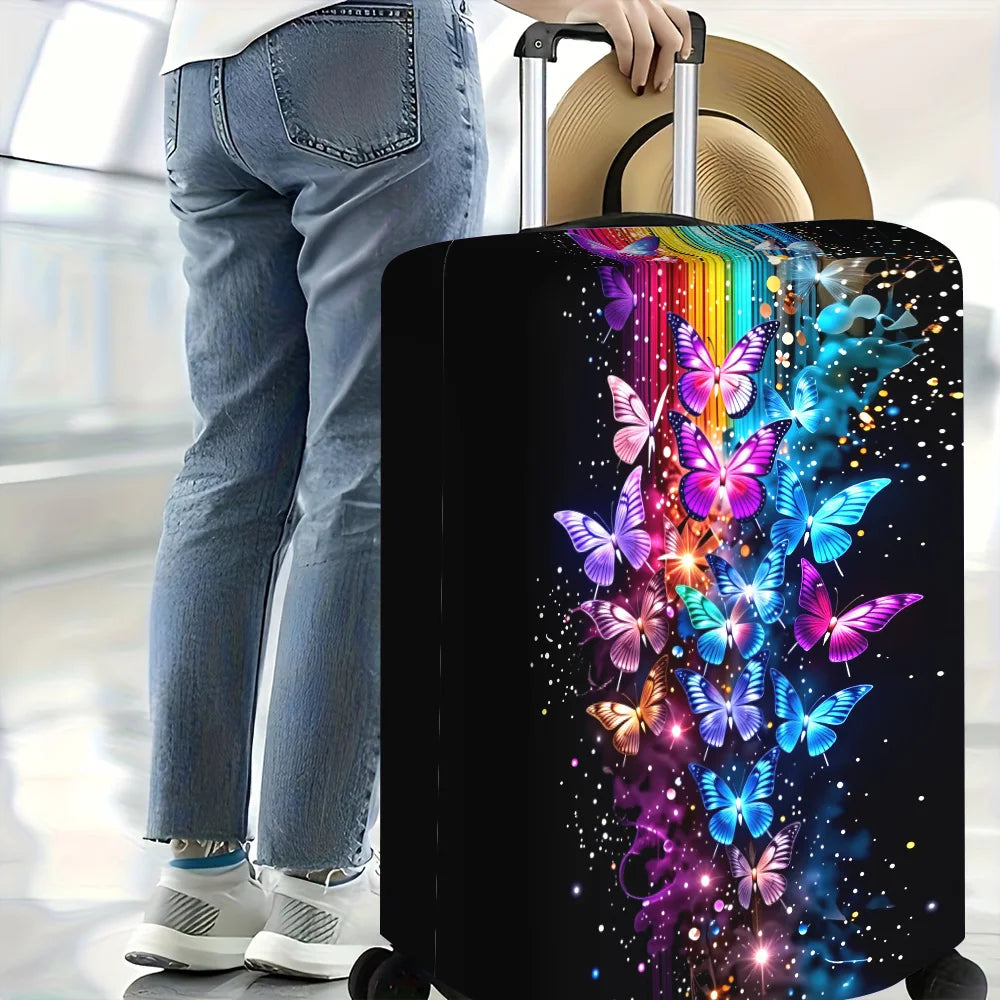 1PC Iridescent Butterfly Print Luggage Cover for 18-32 inch luggage; dust and elastic travel accessories to effectively prote