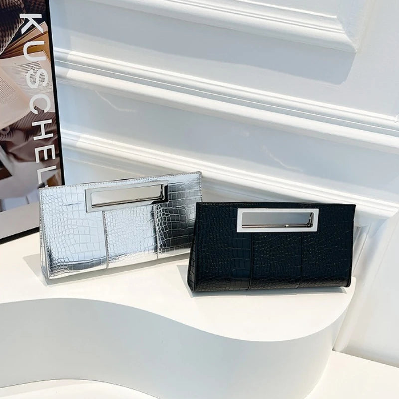 Fashion Crocodile Emboss PU Leather Clutch for Women Black Evening Bags Metal Grip Handle Tote Handbag Envelope Party Dinner Bag