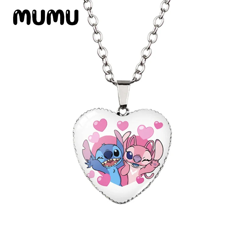 2024 New Lilo Stitch Angle Heart Necklace Glass Printed Photo Pendant Handmade Jewelry Gifts Children