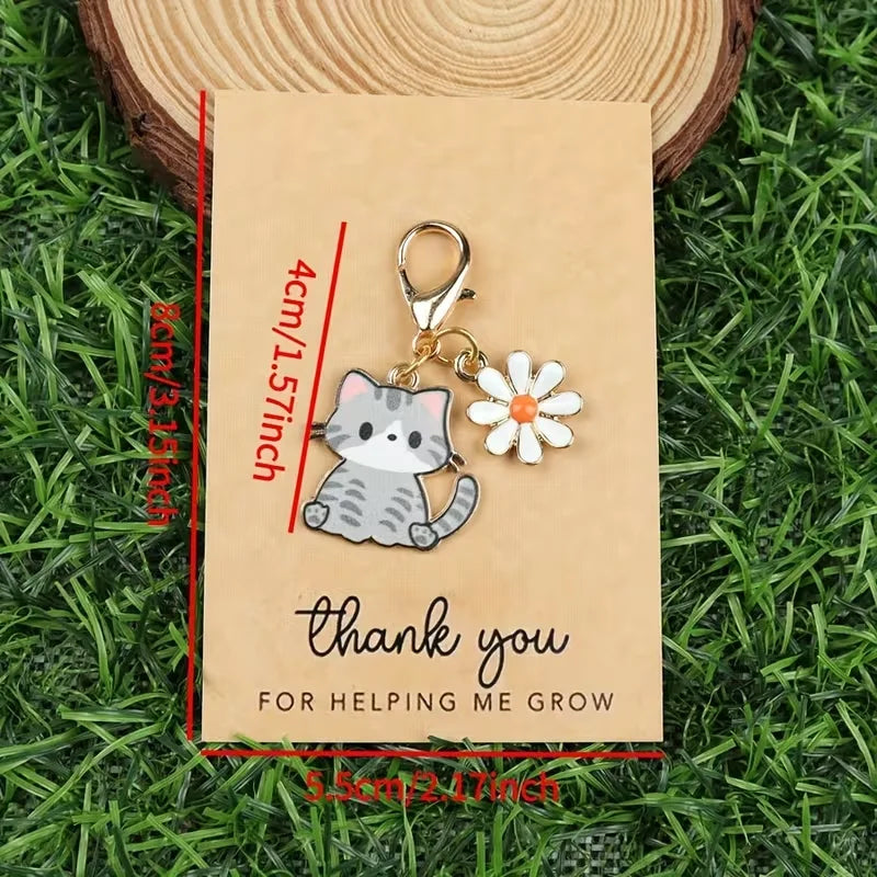 7/14-Piece Cute Cartoon Cat and Daisy Keychain Set, with Inspirational "Thank You" Cards, Stylish Animal and Floral Charms, Suitable for Car Keys and Bags — a Thoughtful Gift for Family and Friends