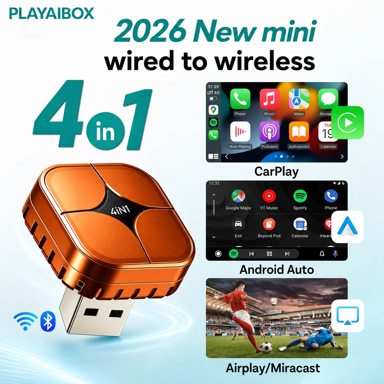 PLAYAIBOX Wireless CarPlay Android Auto Adapter 4 in 1 Dongle Plug and Play Screen Mirror Link AirPlay Miracast Car Accessories