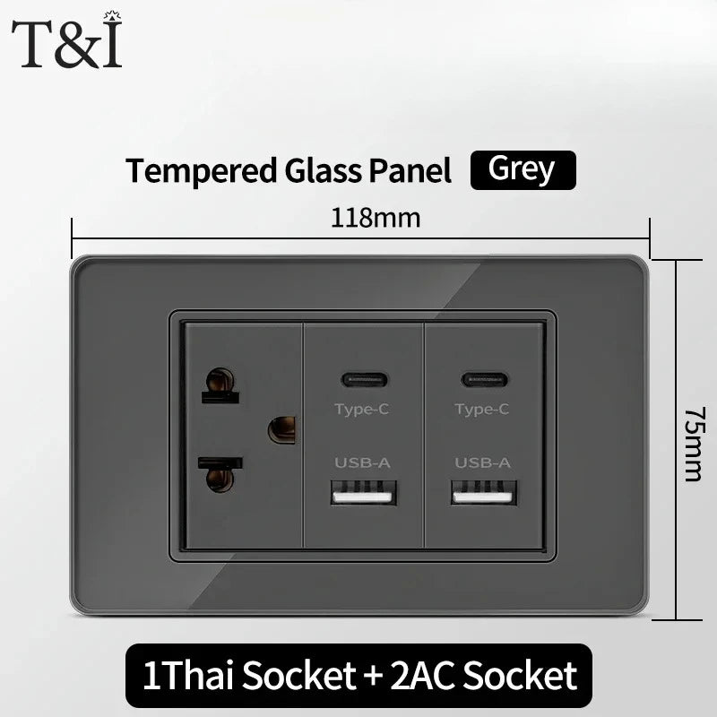 118*75mm Tempered Glass Socket US Wall Socket Grey Thai USB Socket Plug with Dual USB Type-C Ports,Light Switch 110V