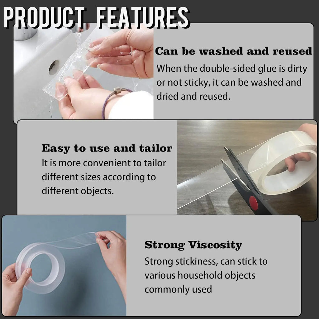 Heavy Duty Nano Double Sided Adhesive Tape For Walls,Traceless Clear Strong Mounting Tape Picture Hanging Adhesive Strips 5CMx5M