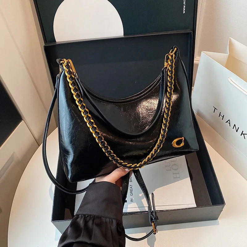 New vintage waxed leather ladies' chain handbag - large capacity, single shoulder bag, fashionable and versatile crossbody bag
