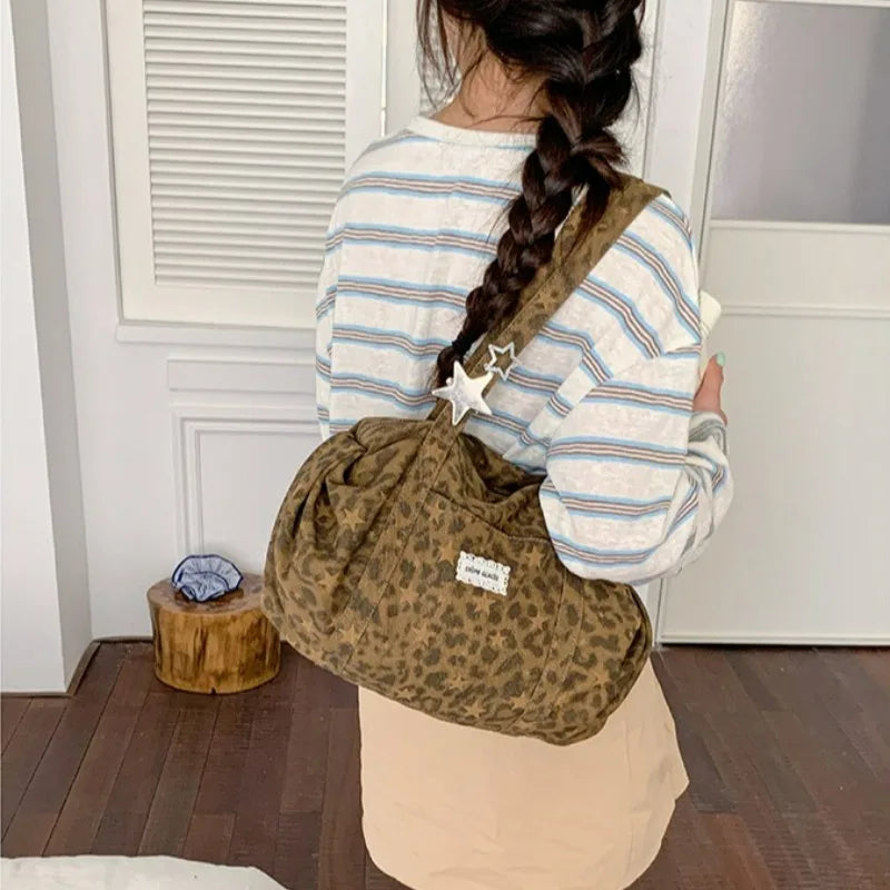 New Fashion Fold Shoulder Bag Women Korean Style Large Capacity Canvas Leopard Print Tote Bag Stylish Relaxed Commuting Bag