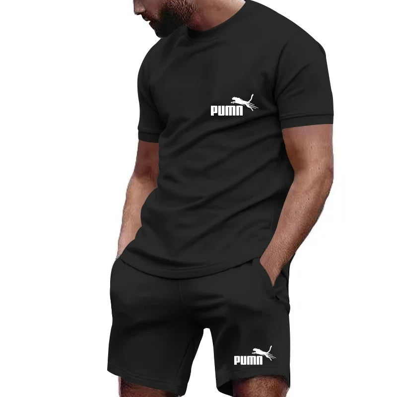 2026 new summer men's T-shirt+shorts set printed fashionable casual round neck pullover, breathable quick running sports shorts