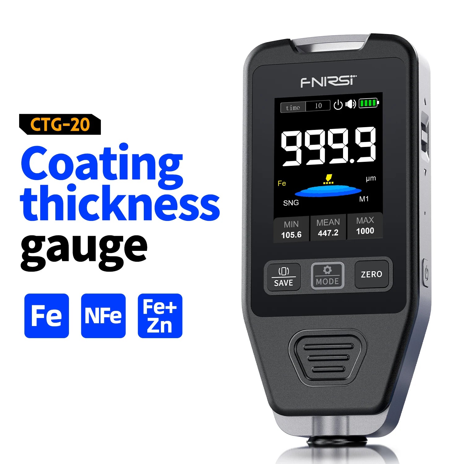FNIRSI CTG-20 Coating Thickness Gauge 0-1400um Car Paint Film Thickness Tester Fe nFe Fe+Zn Electroplate Metal Putty Powder