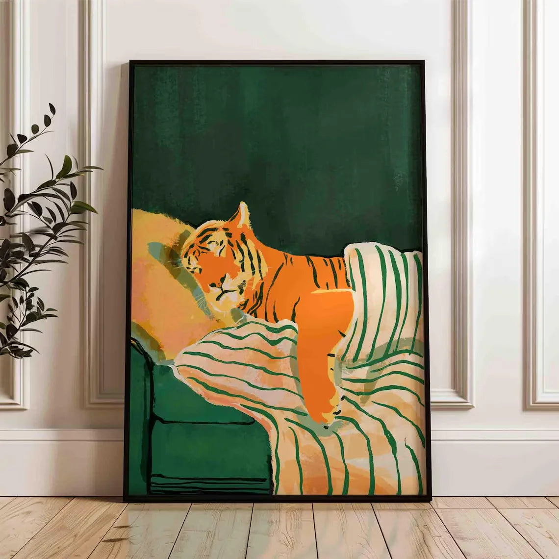 Emerald Green Tiger Art Print, Modern Animal Print, Dark Green Home Decor, Aesthetic Artwork, Green and Orange Painting, Shipped