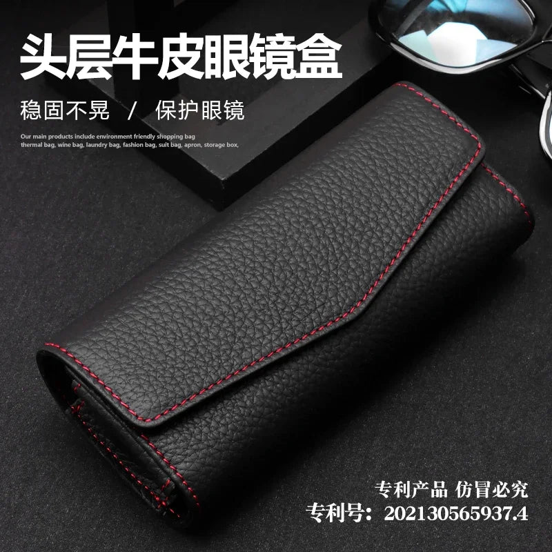 Car Sun Visor Sunglasses Case Hanger Fastener Top layer Cowhide Eyeglasses Holder Card Ticket Storage Box Accessories