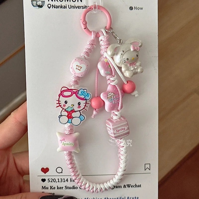 INS Sanrio Hello Kitty Sweet Pink Hand Woven Phone Case Wrist Strap Bead Keychain Bag Decor Pendant for Girl Woman Phone Lanyard