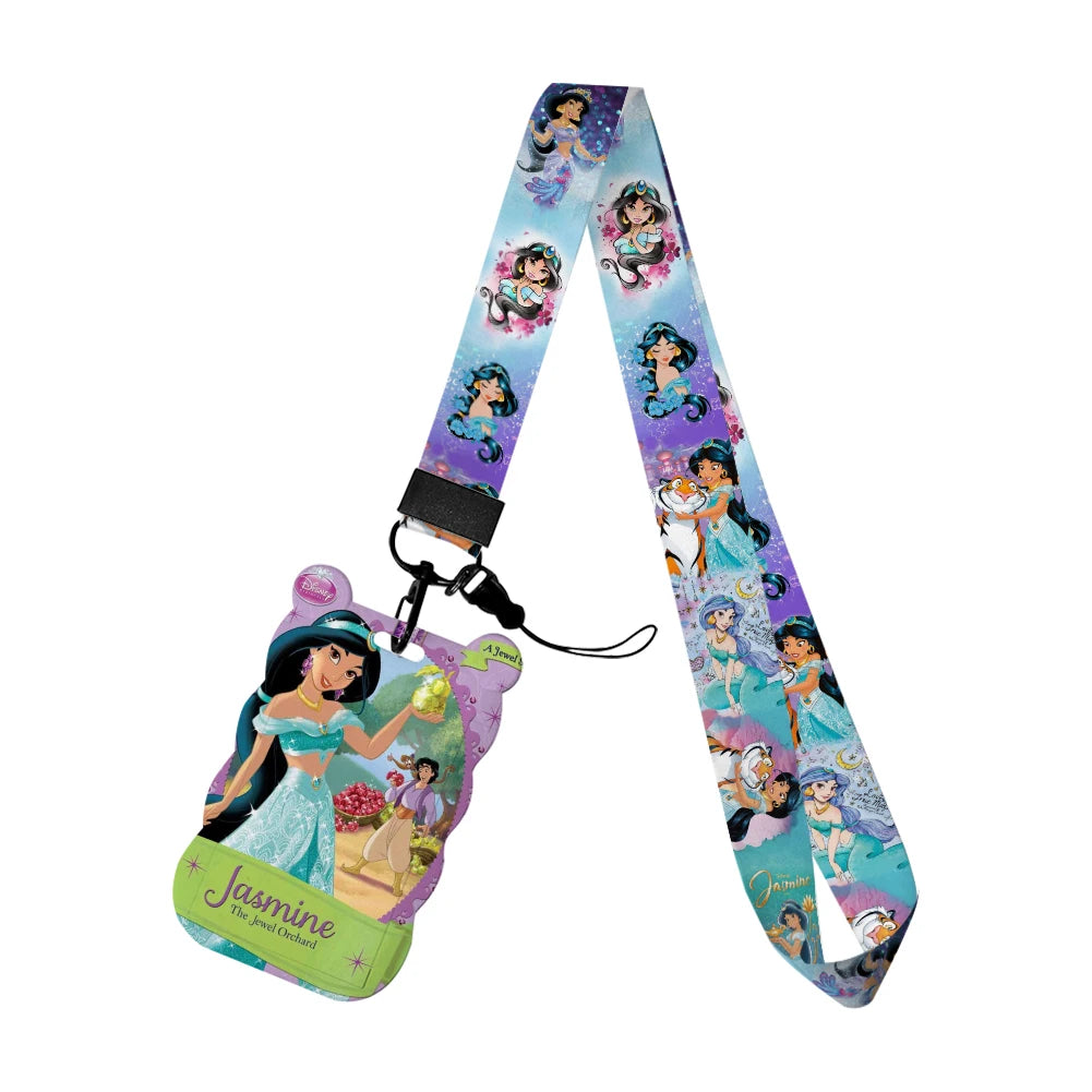 Disney Jasmine Princess Irregular Head Shape Badge Holder Lanyard Keys Chain ID Credit Card Cover Bus Card Holder Glitter Charms