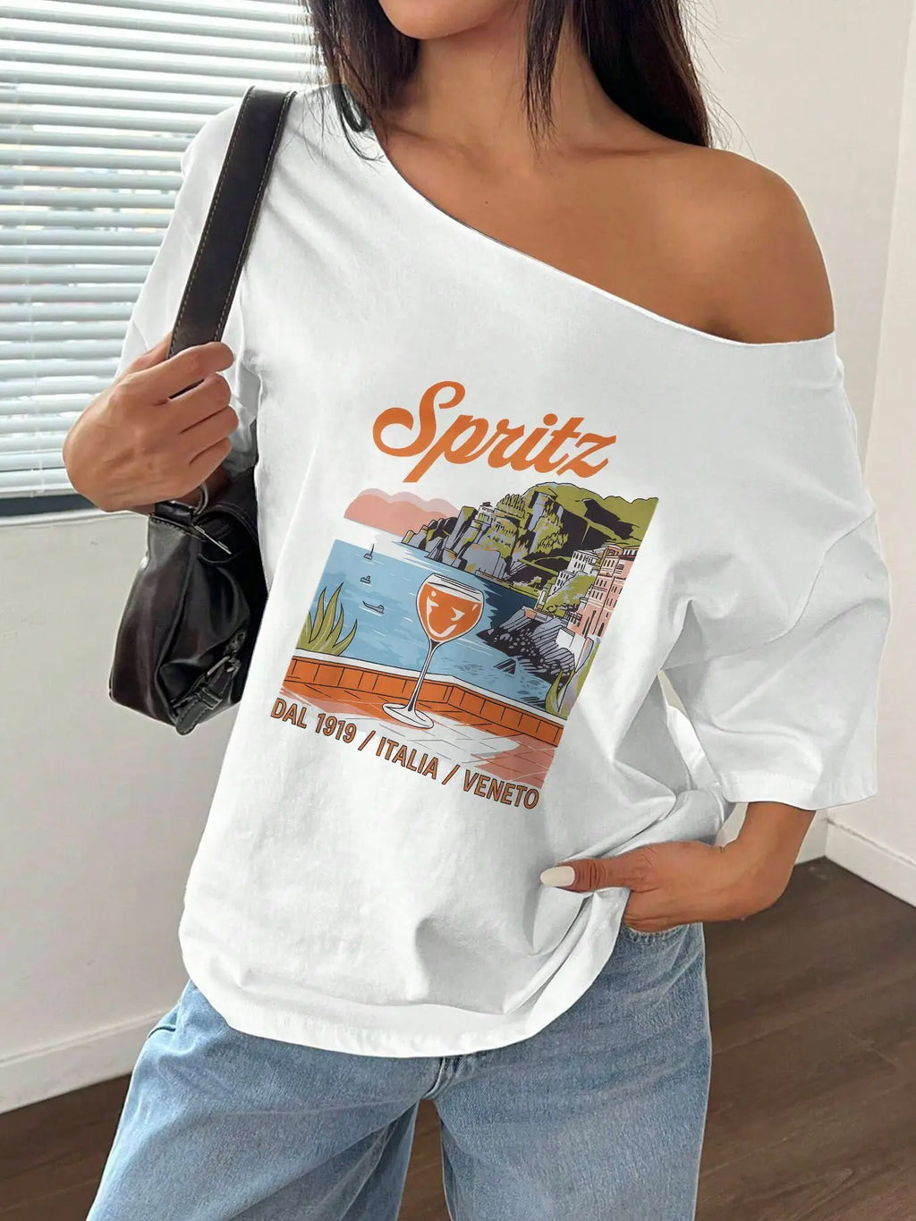 100% Cotton Plus Size Italian Spritz Travel Scenery Print Shoulder Loose Print T-Shirt Oversized Y2K Style Graphic Tees Women