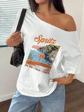 100% Cotton Plus Size Italian Spritz Travel Scenery Print Shoulder Loose Print T-Shirt Oversized Y2K Style Graphic Tees Women