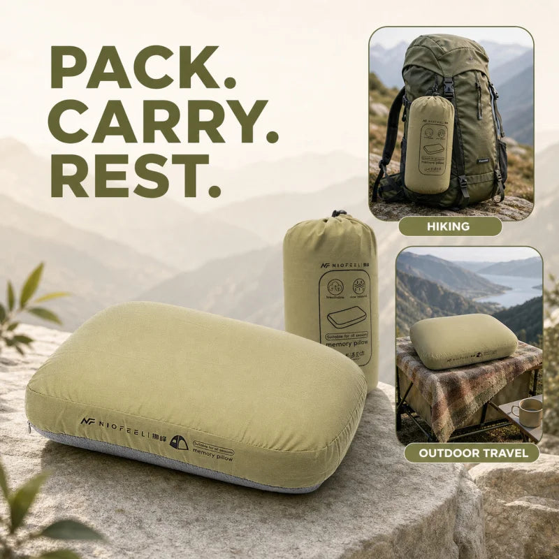 Memory Foam Camping Pillow, Portable Outdoor Travel Pillow With Removable Cover & Storage Bag For Camping Car Hiking