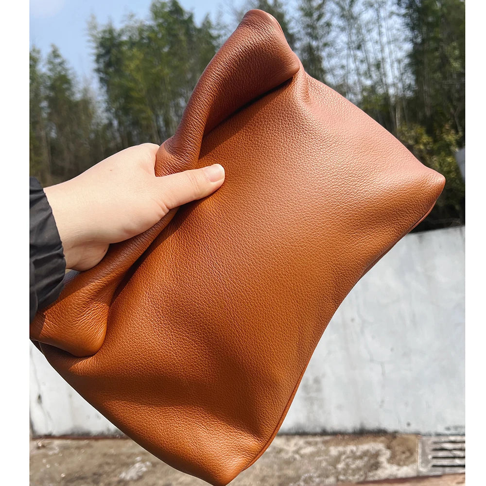 100% Genuine Leather Cowhide Handbag High Quality Leather Women's Foldable Designer Handbag Simple Magnet Handle Bags